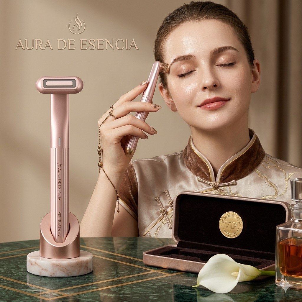 Wand Masajeador Facial 4-en-1 Rotación 360° con Luz LED Roja Microcorriente y Calor Terapéutico