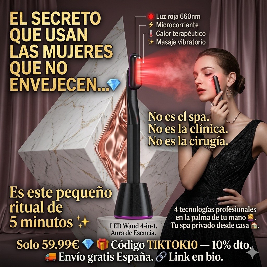 Wand Masajeador Facial 4-en-1 Rotación 360° con Luz LED Roja Microcorriente y Calor Terapéutico